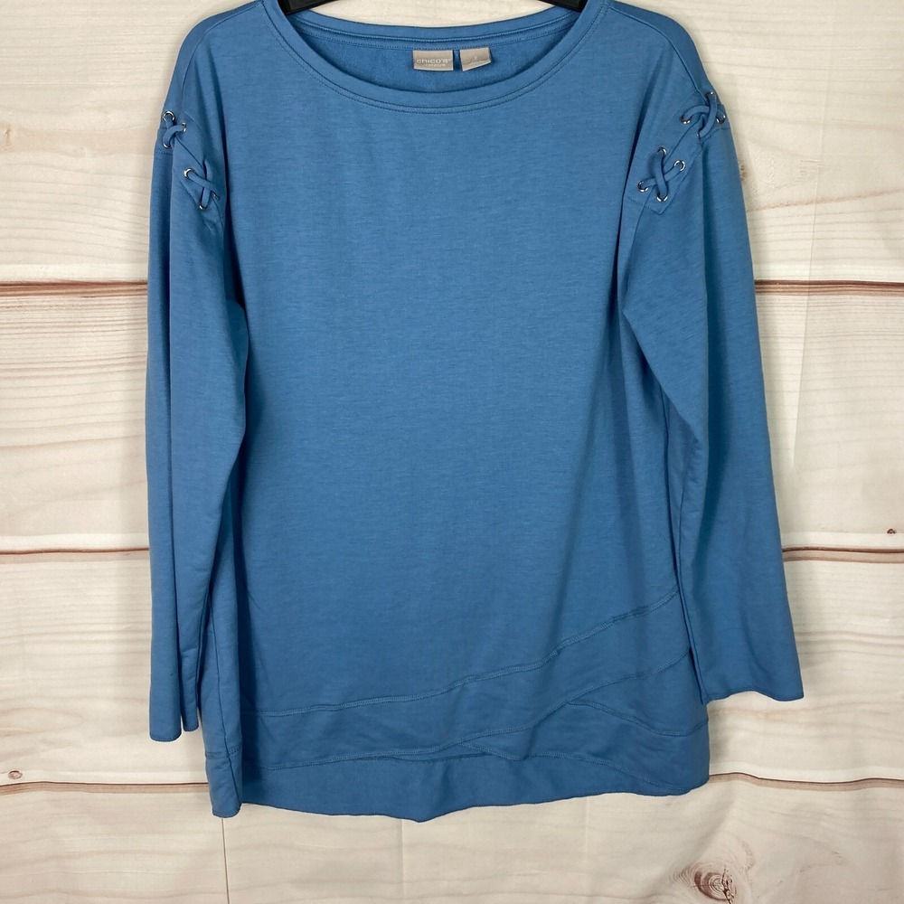 Chicos Zenergy Top Womens‎ 2 L Blue Long Sleeve Knit Round Neck Lace Up Shoulder